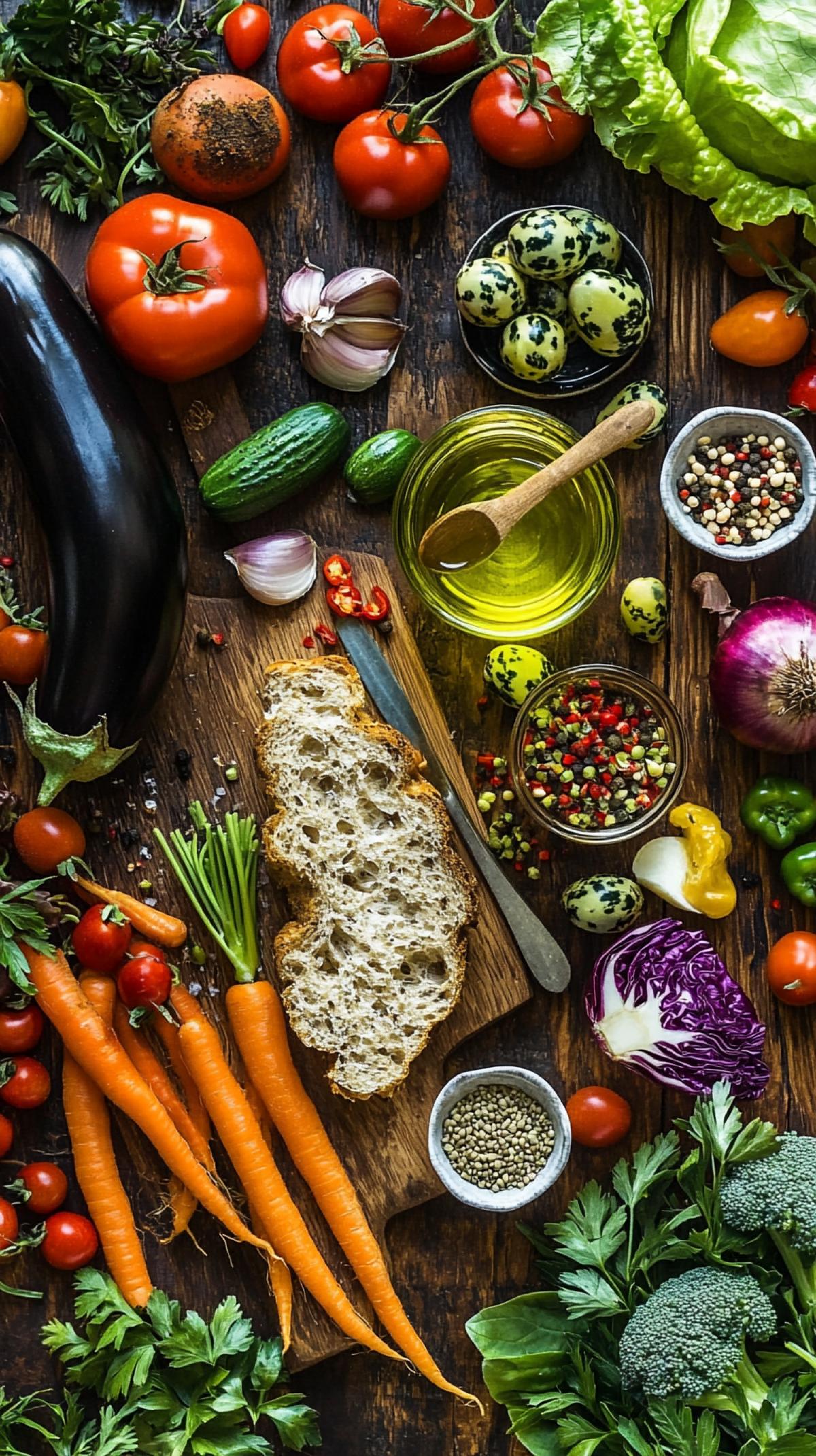 In the style of real photography, ripe fruits of vegetables, a loaf of olive oil, small cups with spices of different varieties of white and dark and red peppers, one knife, tomatoes, eggplants, cabbage, carrots, garlic, peppers, anise and parsley, avocado, pods green peas and beans, beautiful and aesthetic com4k