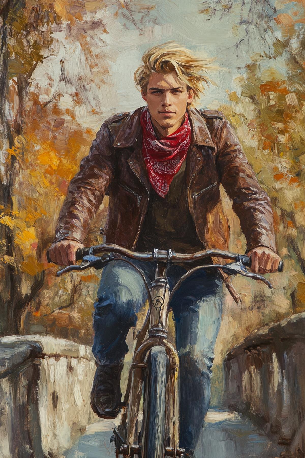 Blond young man in red bandana and leather jacket riding big old bicycle on ancient stone bridge in old town, autumn, his hair fluttering in wind. oil painting, multi-layered impasto, warm colors , raw style