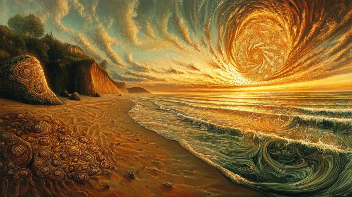 surreal, detailed illustration of fractals descending from the sky to the ground and the sea beach, highly detailed, beach, dawn, swirling fractal patterns, Rembrandts bright palette,AR-7:5from 10-in, 6.0