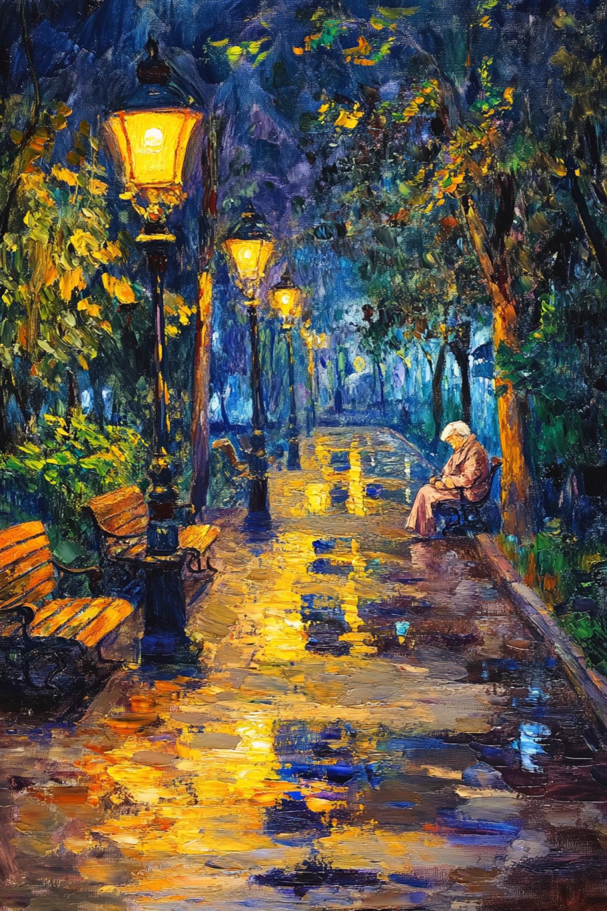 An impasto oil painting of a paved pathway through a city park at night. The pavement is wet from a recent rain and there are numerous puddles. Old fashioned street lamps light the pathway and are the only source of illumination. The colors are bright and vibrant. Add an elderly woman wearing a shawl to one of the park benches