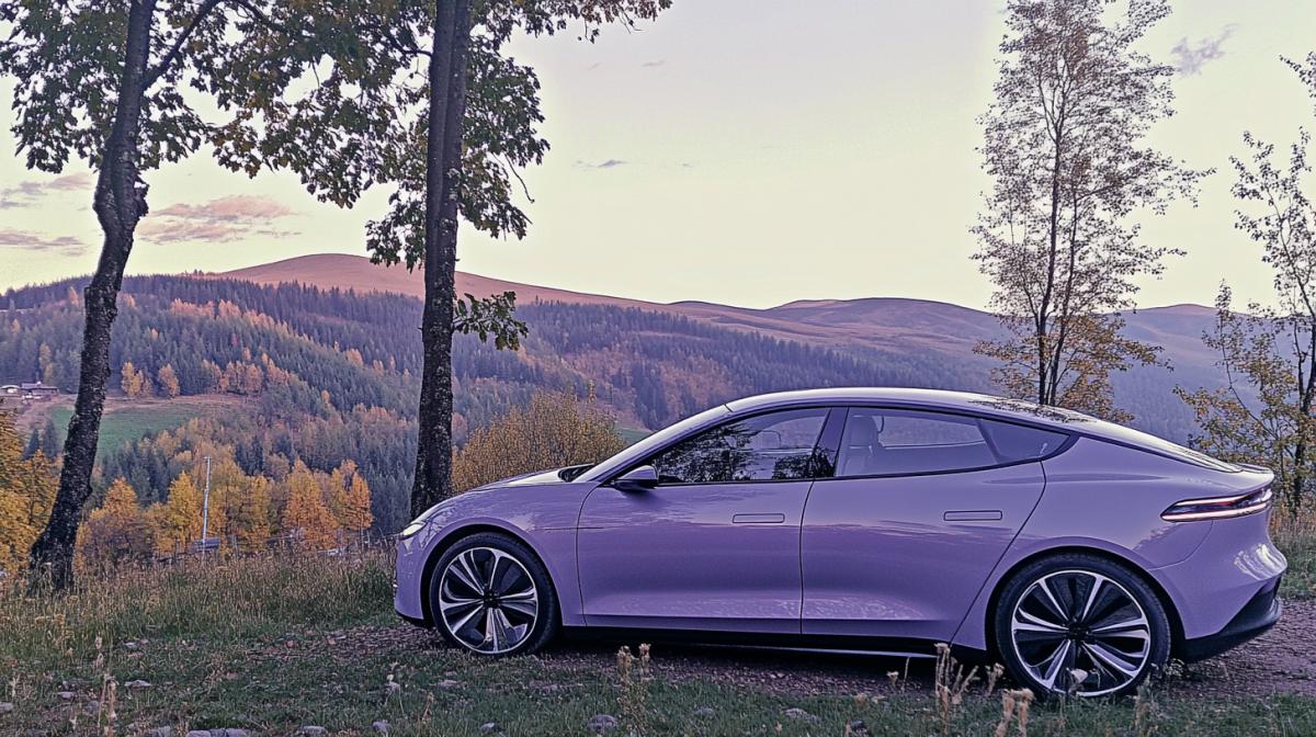 hyper-realistic image of a modern car parked in a scenic outdoor setting during the golden hour. The car should have a sleek design with reflective surfaces, capturing the natural light beautifully. The background should include a picturesque landscape with trees, mountains, and a clear sky, all bathed in the warm, soft light of sunset. The overall scene should appear as if it was taken with a high-resolution camera, showcasing intricate details and lifelike colors