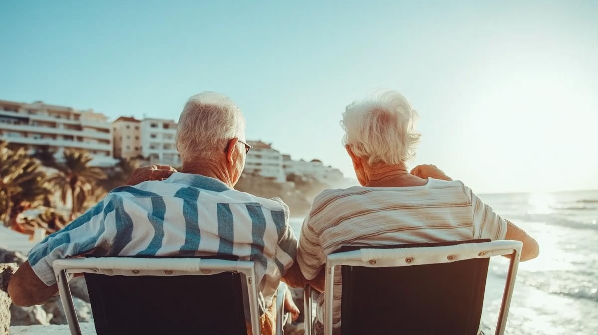 Last day of summer, warm evening, river bank. on the shore there are two folding camp chairs in which two elderly people are sitting and talking while admiring the sunset.