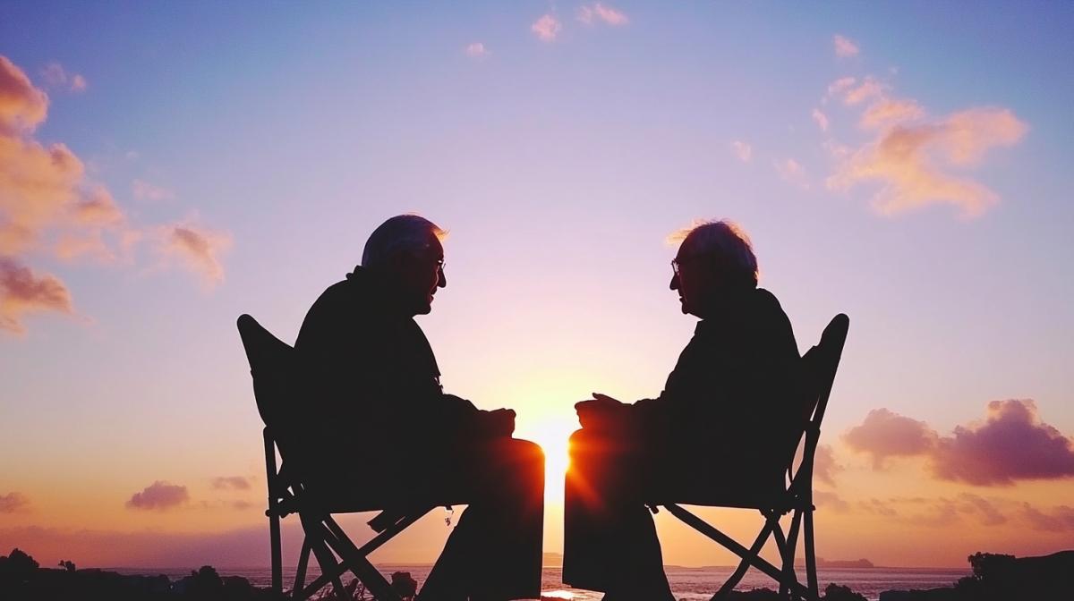 Last day of summer, warm evening, river bank. on the shore there are two folding camp chairs in which two elderly people are sitting and talking while admiring the sunset.