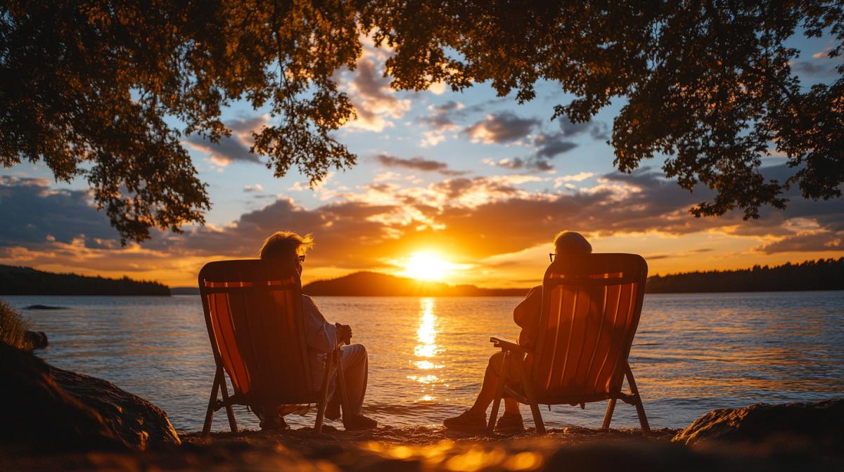 Last day of summer, warm evening, river bank. on the shore there are two folding camp chairs in which two elderly people are sitting and talking while admiring the sunset. Shot from above, long shot.
