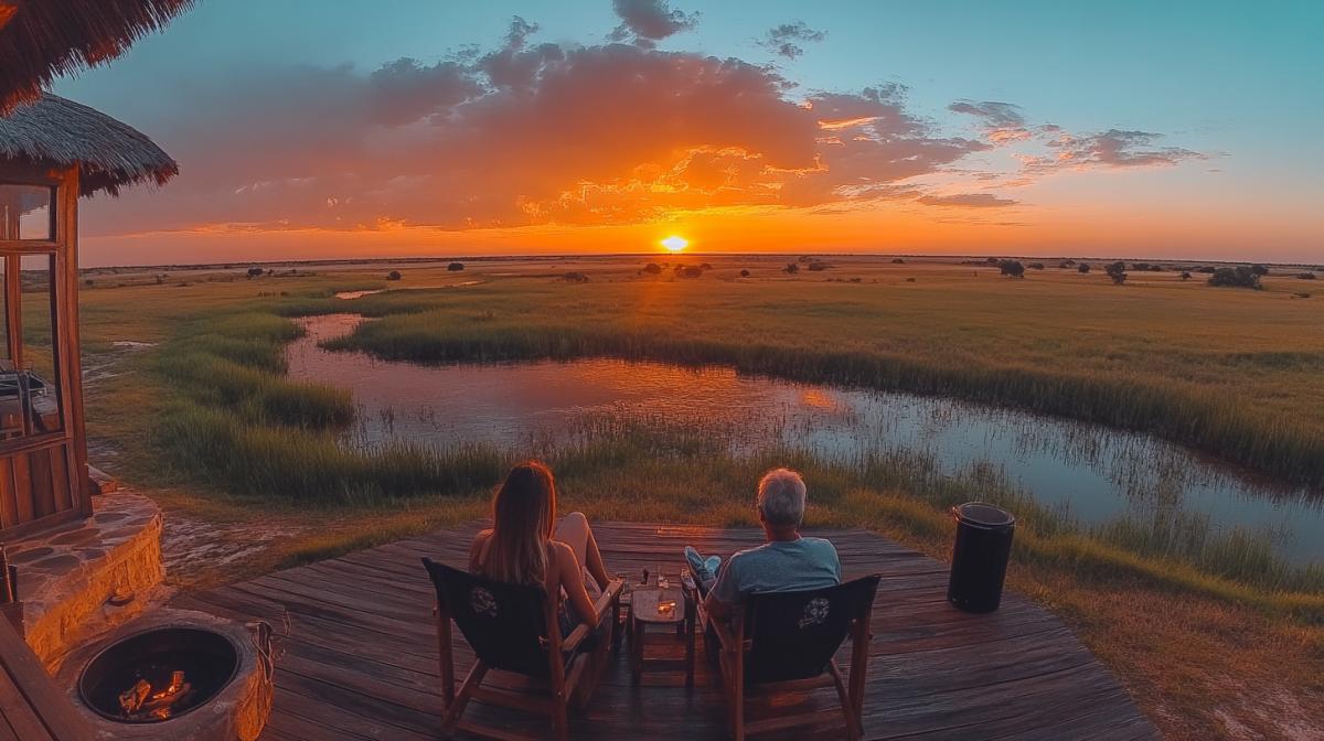 Last day of summer, warm evening, river bank. on the shore there are two folding camp chairs in which two elderly people are sitting and talking while admiring the sunset. Shot from above, long shot.