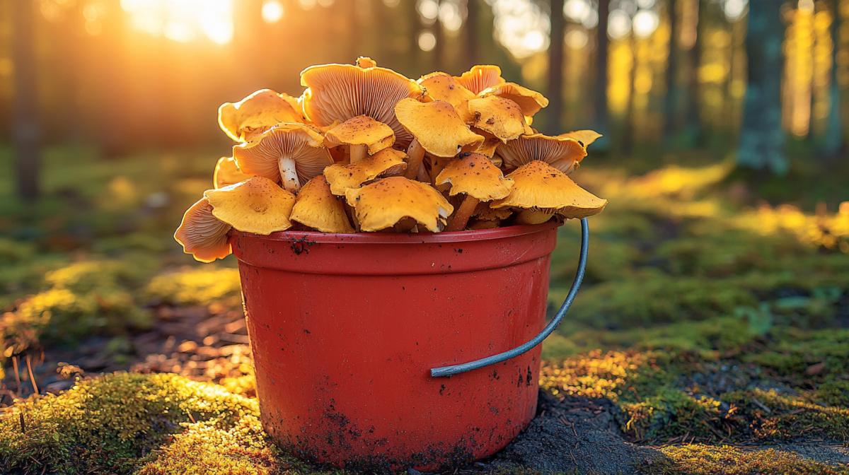 Large red plastic bucket with edible mushrooms, photography in the forest, the last day of summer, yellow fallen needles, green moss, pine trunks, the sun breaks through the tree crowns, shot from above, background, bright saturated colors