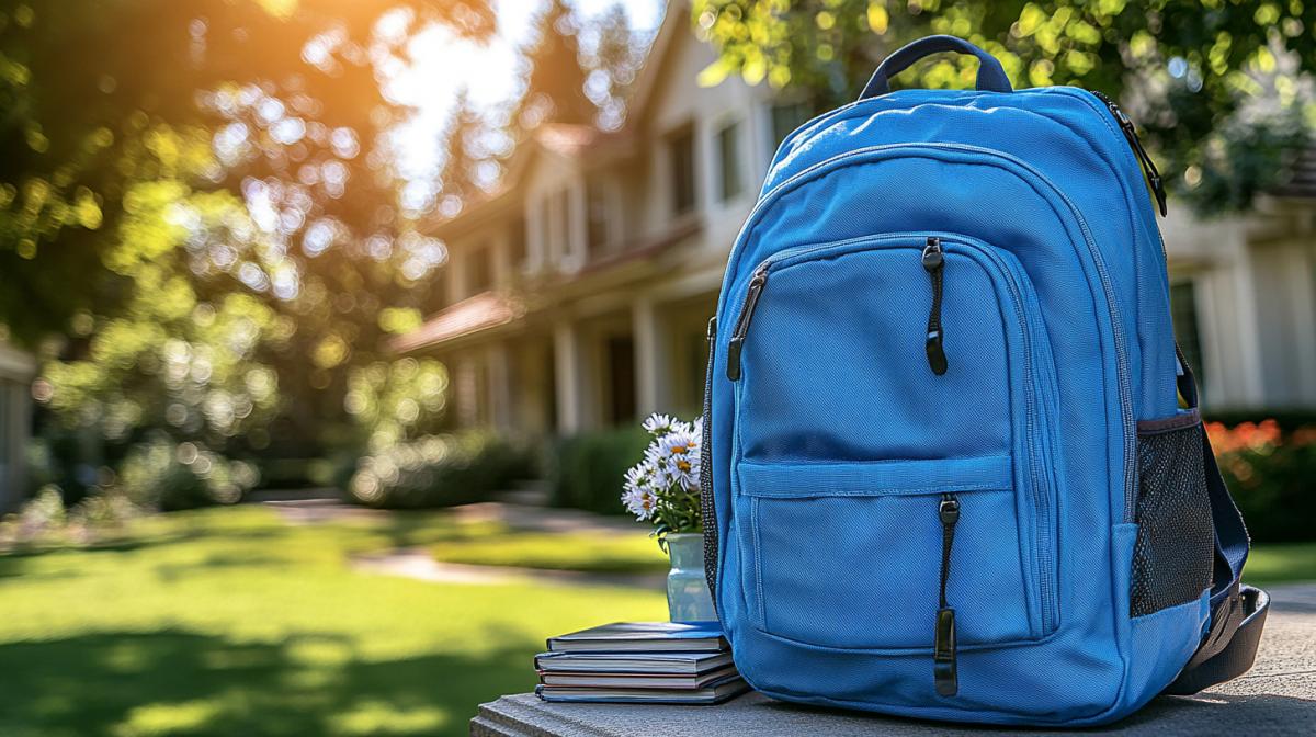 a school backpack on the windowsill, next to a stack of books and a vase of asters, outside the window there are green trees starting to turn yellow