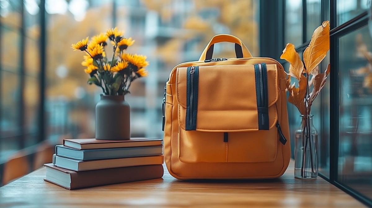 a school backpack on the windowsill, next to a stack of books and a vase of asters, outside the window there are green trees starting to turn yellow