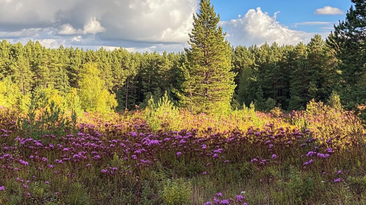 Meadow with blooming fireweed. In the distance is a young pine forest. Bright sunlight, late summer.