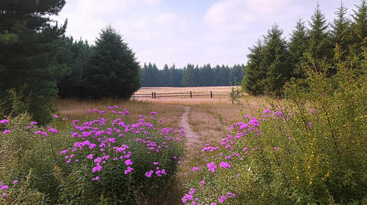 Meadow with blooming fireweed. In the distance is a young pine forest. Bright sunlight, late summer.