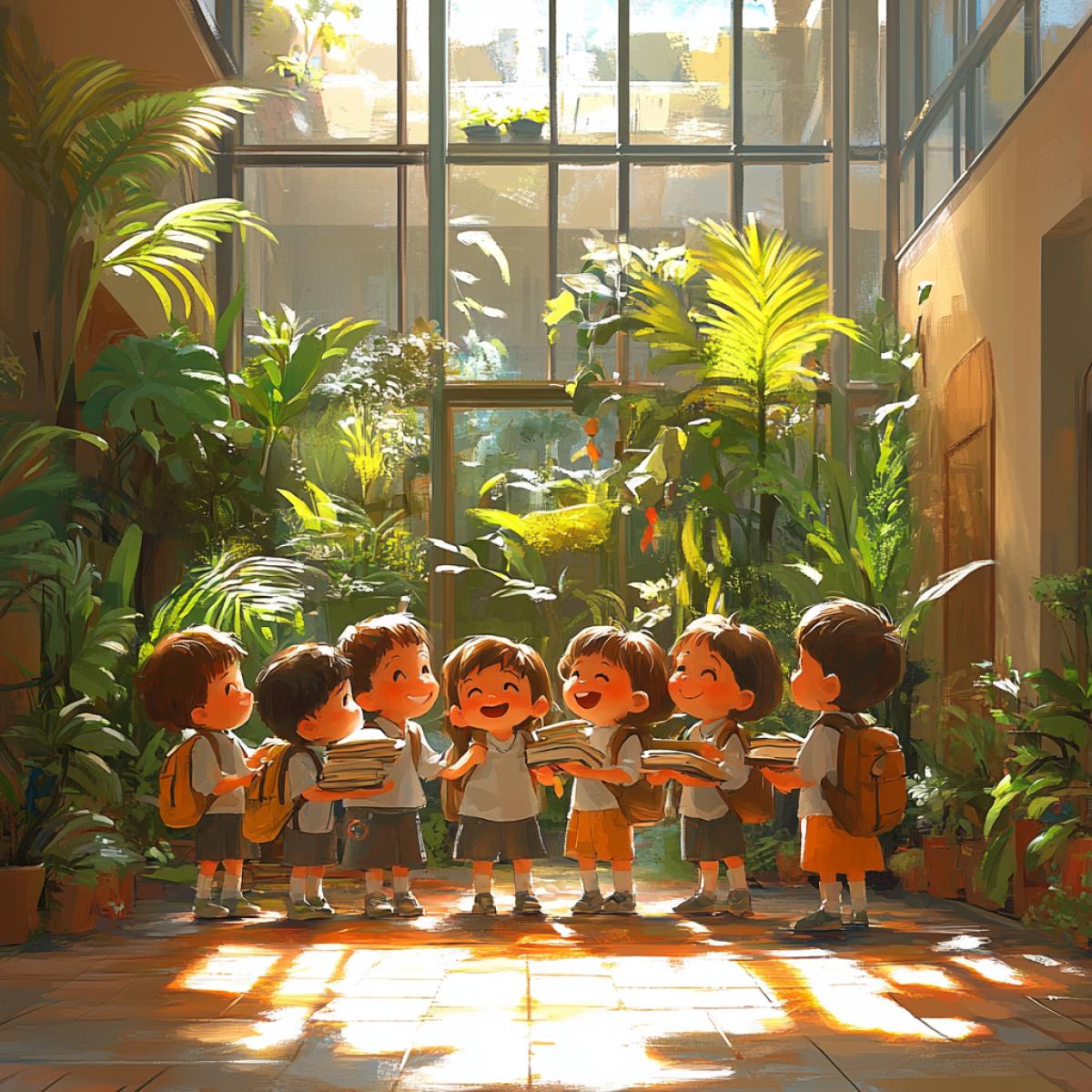 A heartwarming scene of a group of diverse friends reuniting after the summer vacation. The children are gathered in a sunlit, colorful school courtyard, excitedly hugging and chatting. One child is balancing a mountain of textbooks and notebooks in a striped backpack, while another proudly displays their brand-new, pristine school supplies. The background showcases a cheerful, well-maintained school building with large windows and vibrant murals. The atmosphere is filled with anticipation, joy, and the promise of new academic adventures.