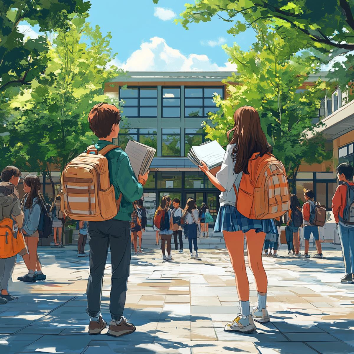 A heartwarming scene of a group of diverse friends reuniting after the summer vacation. The children are gathered in a sunlit, colorful school courtyard, excitedly hugging and chatting. One child is balancing a mountain of textbooks and notebooks in a striped backpack, while another proudly displays their brand-new, pristine school supplies. The background showcases a cheerful, well-maintained school building with large windows and vibrant murals. The atmosphere is filled with anticipation, joy, and the promise of new academic adventures.