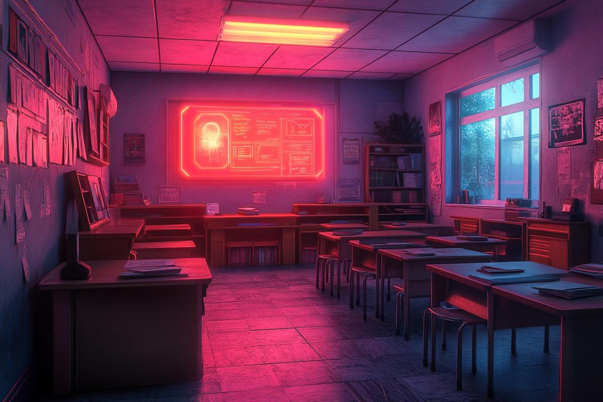 Cyberpunk school classroom, holographic teachers, students with augmented reality glasses, neon lights, Blade Runner inspired, futuristic architecture, dark and gritty atmosphere, detailed, 8k