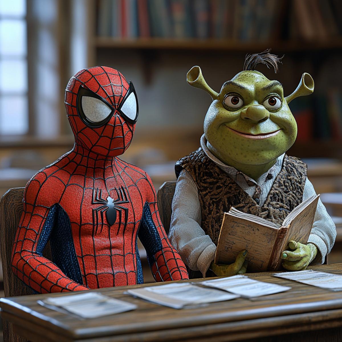 Spider-Man and Shrek sitting at a school desk, classroom setting, realistic style, humorous, detailed, Spider-Man wearing his suit, Shrek with a textbook open