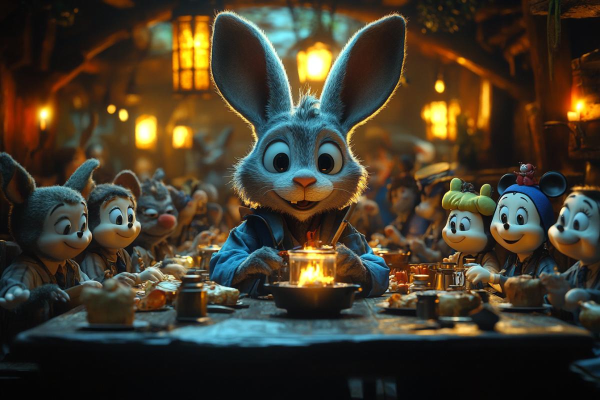 Potions class in Hogwarts, Harry Potter universe, cartoon characters as students, Bugs Bunny, Mickey Mouse, Spongebob Squarepants, Snape as the teacher, detailed, magical atmosphere