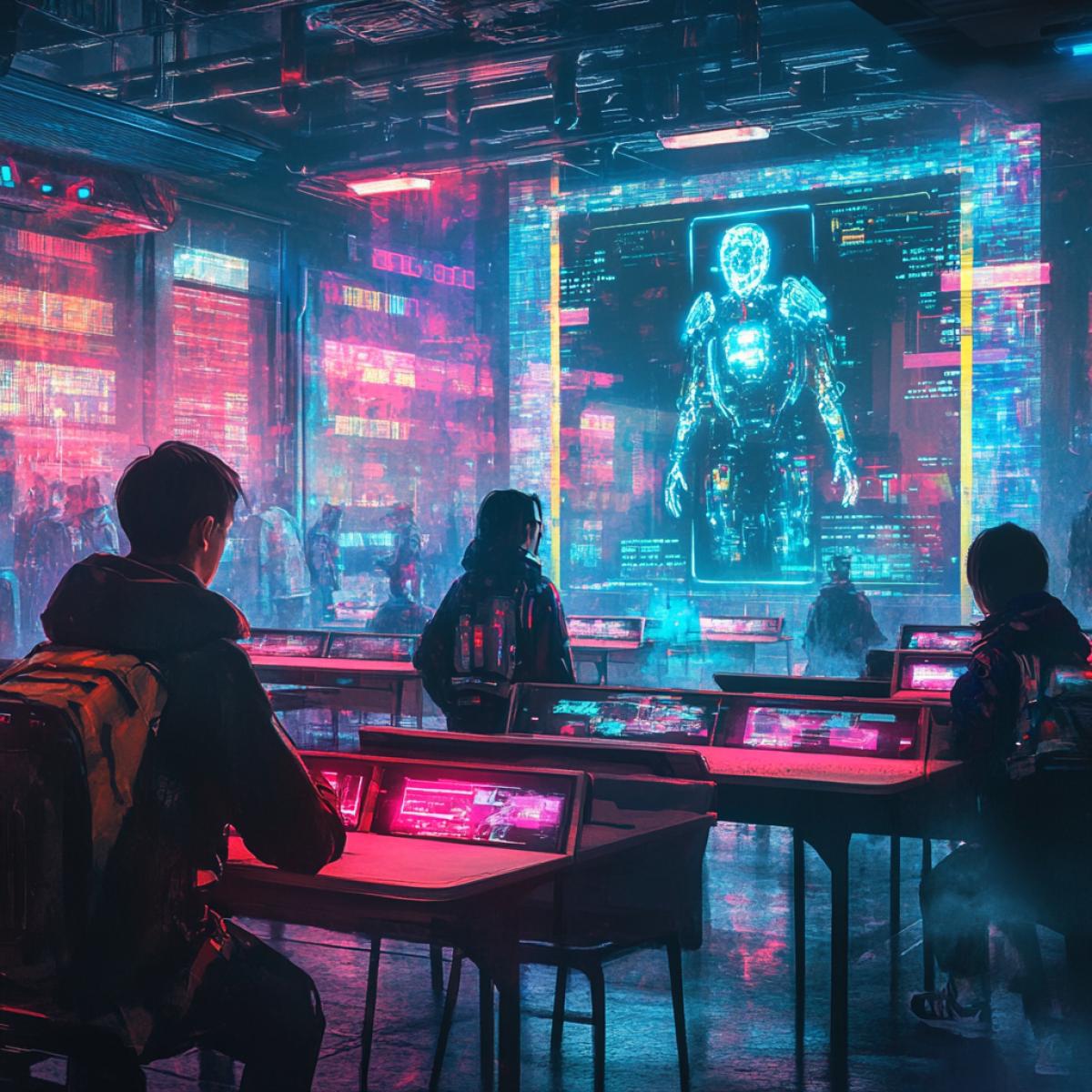 Back to School in a futuristic cyberpunk-style classroom, neon-lit desks with holographic displays, students with cyber augmentations, a teacher who is an AI-projected hologram, dynamic neon colors with dark undertones, inspired by the works of Syd Mead and the visual style of Blade Runner highly detailed, futuristic, dystopian.