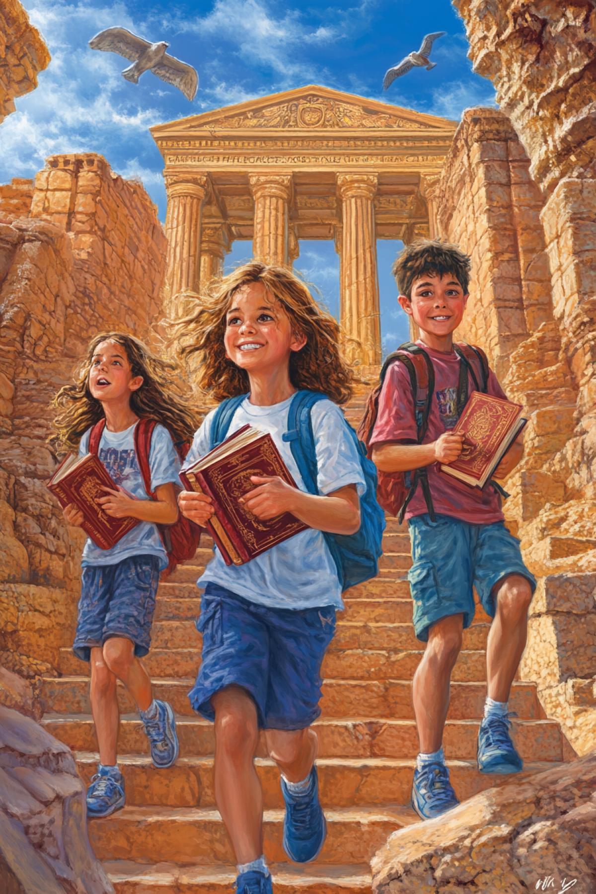 Back to School, a grand, vertical temple-like school entrance towering with intricately carved stone pillars and ancient runes, students ascending majestic stone stairs, carrying glowing crystal books, the sky filled with the golden light of sunrise, highly detailed, style inspired by epic fantasy book covers with a hint of H.P. Lovecraft’s eeriness highly detailed, atmospheric, monumental.