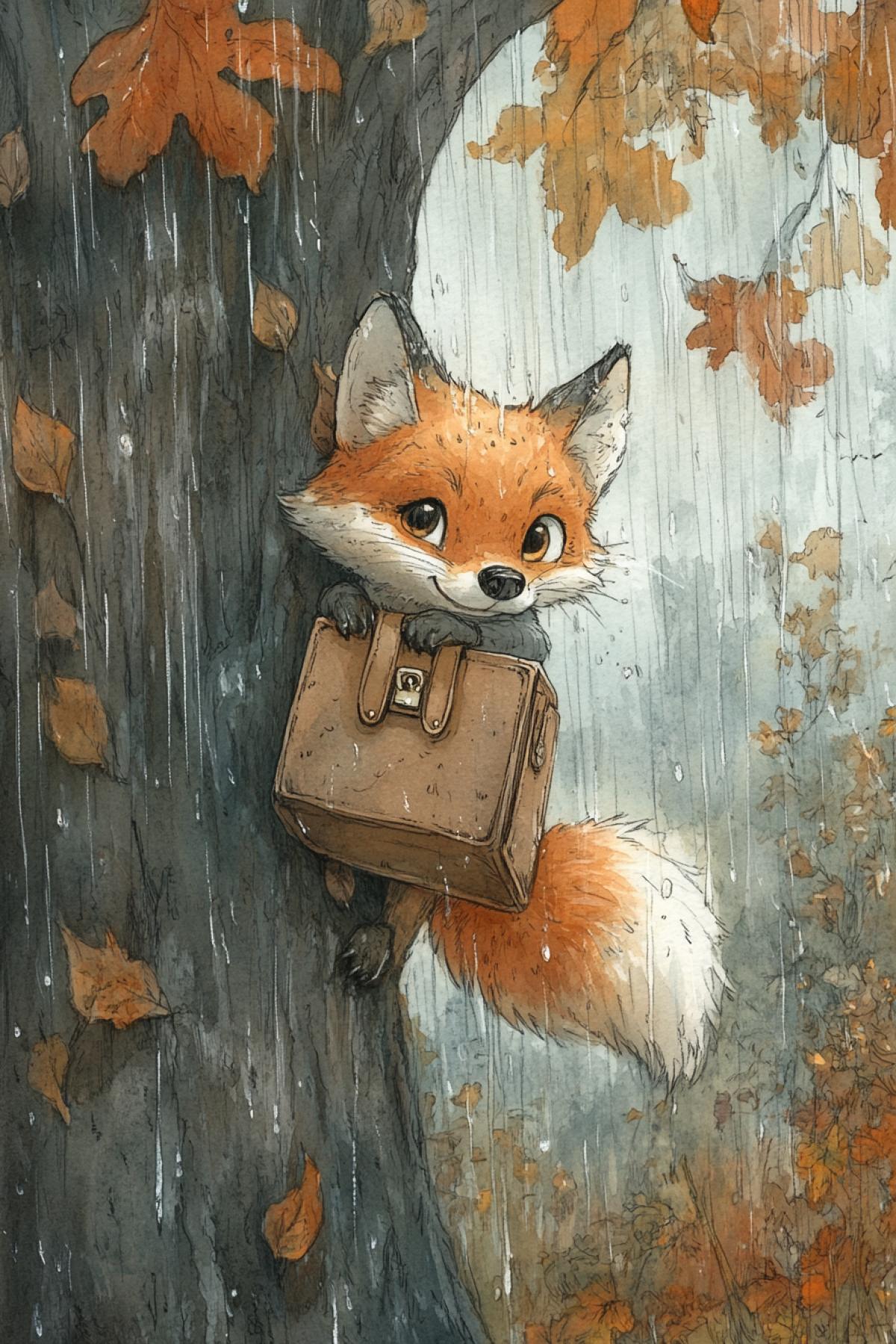 A charming watercolour illustration in the style of Jean-Baptiste Monge, depicting a lonely, adorable little fox with a briefcase, seeking shelter under a tree trunk on a rainy day, dominating the unique spectacle of a downpour. The painting features close-ups of the little foxs shiny, reflective eyes, the complex floral background of autumn, and the texture of his overly fluffy tail, all enhanced by ultra-high definition and vibrant colours,