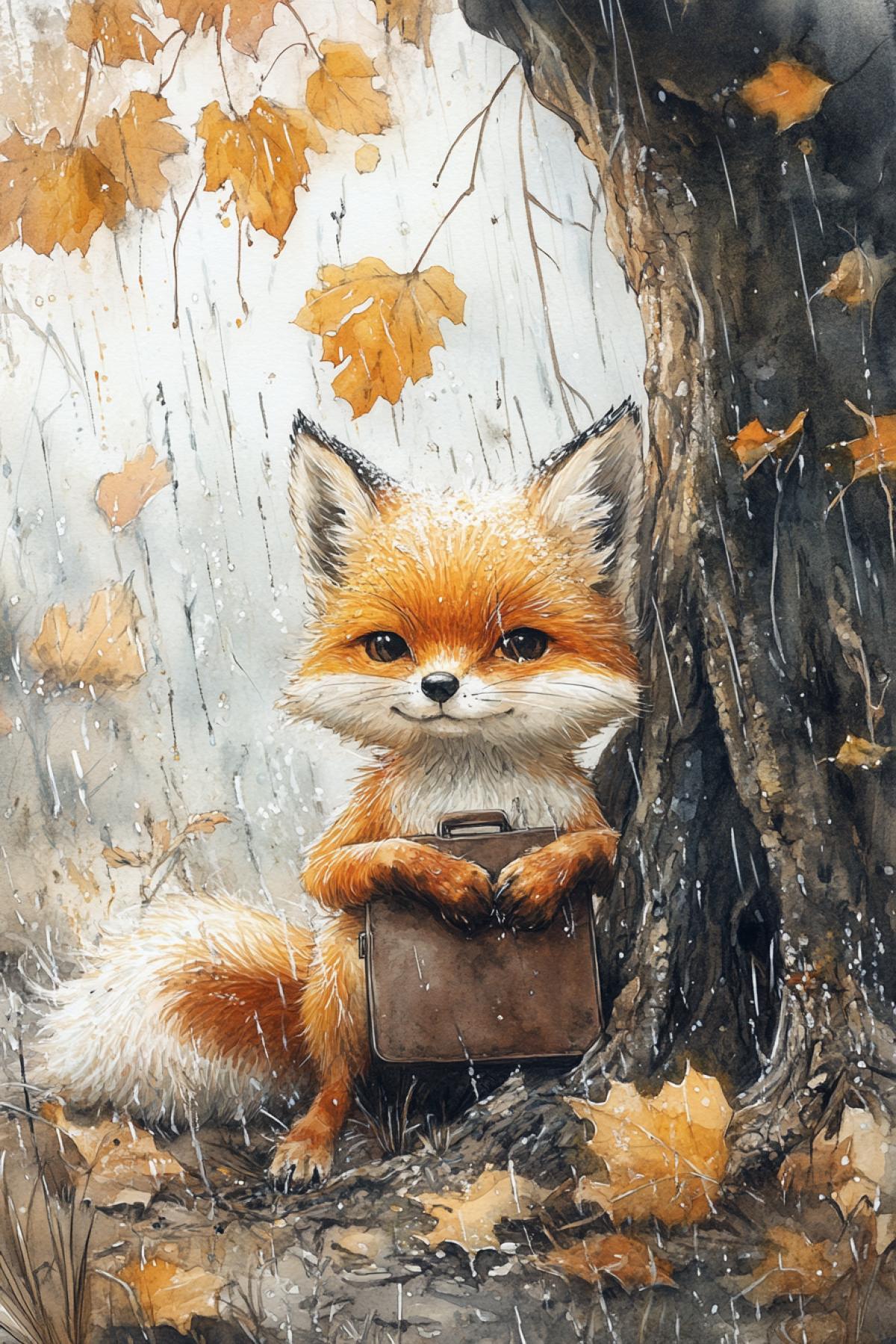 A charming watercolour illustration in the style of Jean-Baptiste Monge, depicting a lonely, adorable little fox with a briefcase, seeking shelter under a tree trunk on a rainy day, dominating the unique spectacle of a downpour. The painting features close-ups of the little foxs shiny, reflective eyes, the complex floral background of autumn, and the texture of his overly fluffy tail, all enhanced by ultra-high definition and vibrant colours,