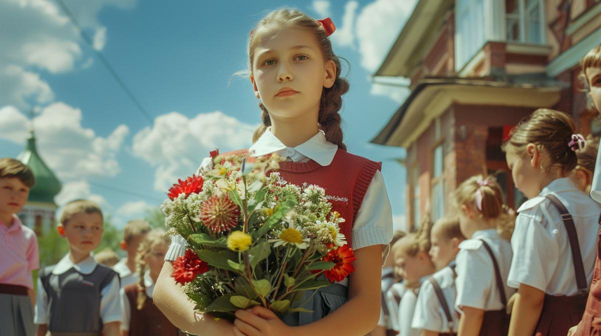 A ceremonial line for the Day of Knowledge against the backdrop of a school, in the foreground a girl in a USSR school uniform carries a large bouquet, around children in school uniforms with flowers. High quality, maximum detail, professional shot