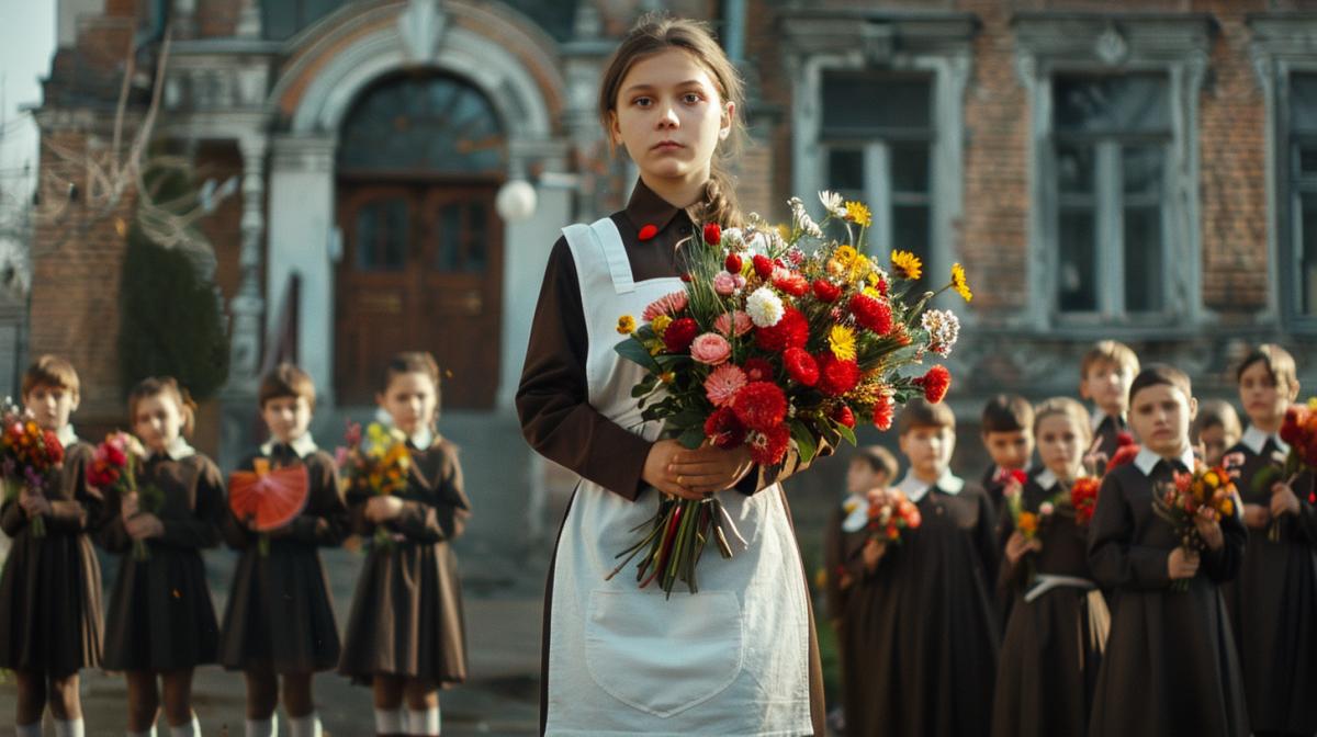 A ceremonial line-up for the Day of Knowledge against the backdrop of a school, in the foreground a girl in a USSR school uniform, a white apron on a dark knee-length dress, carries a large bouquet, around children in school uniforms with flowers. High quality, maximum detail, professional shot