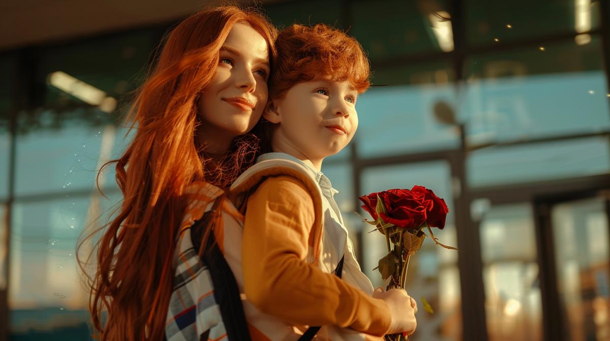 Mom leads a red-haired boy with a Xiaomi Mi sity backpack by the hand to the line in a modern high-tech school in the first grade, photo shoot frame, high quality, professional photography, contour lighting, a bouquet of roses on long stems.