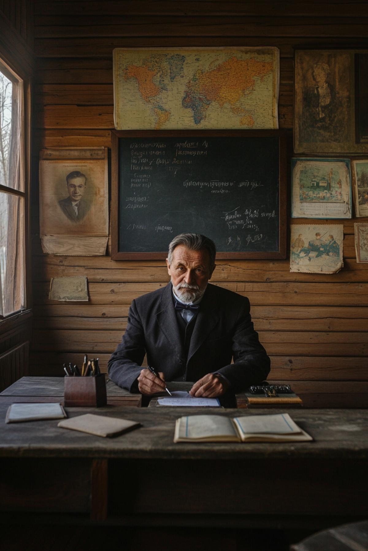 🟥 An old wooden classroom in a village school, illuminated by soft morning light. On the desks are old textbooks, notebooks, iron fountain pens and inkwells. The teacher is an elderly man in a suit with a bow tie, writing on the darkboard with chalk. On the walls are portraits of classics of Russian literature and a map of the Soviet Union. Outside the windows there is a birch grove and a foggy morning, where you can see the silhouettes of children playing in the yard, creating an atmosphere of warmth and nostalgia.