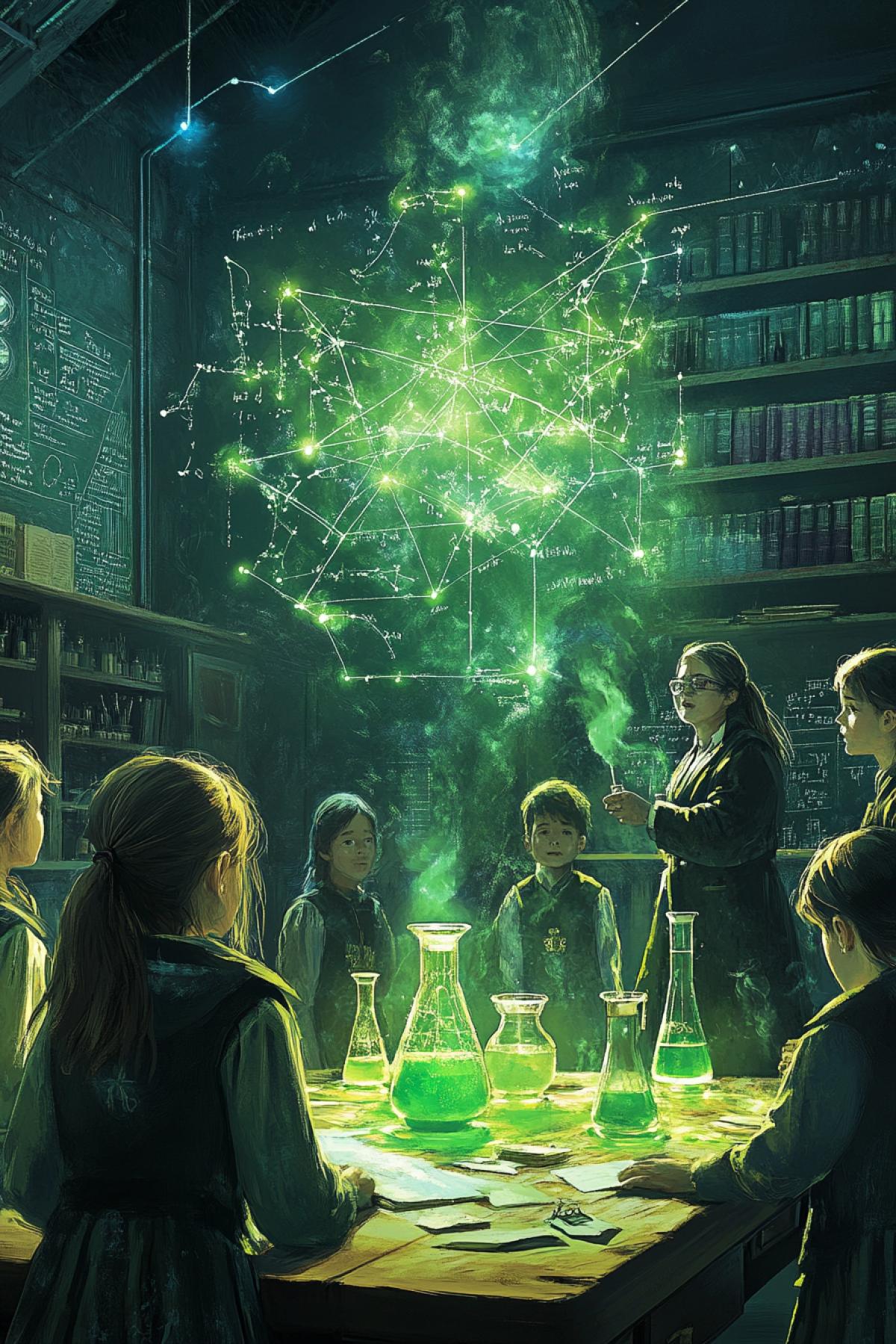 🟥 A large modern urban classroom turned into a laboratory of science and magic. Students in school uniforms with elements of Russian folk patterns watch as the teacher, a stern woman with glasses, conducts experiments with green chemical solutions and potions. On the walls are equations and maps of the constellations, including the illuminated constellation Ursa. Shelves filled with microscopes and old Russian herbal books. Energetic and magical lighting that creates an adventure effect.