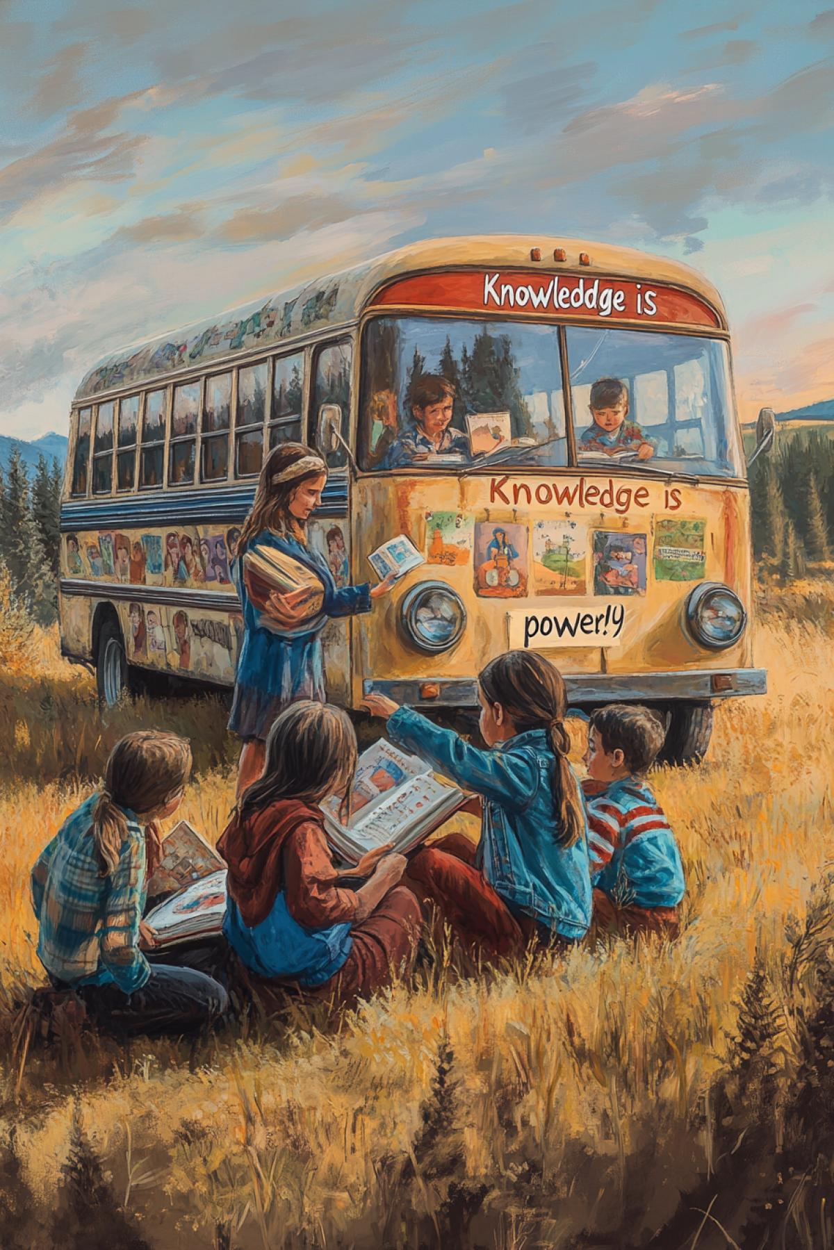 🟥 An old bus, converted into a mobile classroom on wheels, stands in the middle of a golden autumn field. The bus is decorated with childrens drawings and the slogans \"Knowledge is power!\" In the foreground are children in colorful clothes, holding books, sitting on the grass in a makeshift classroom, listening to a young teacher in a denim jacket holding a globe. In the distance is Russian nature with hills and rare birches. The warm light of the setting sun creates a feeling of warmth and newness.
