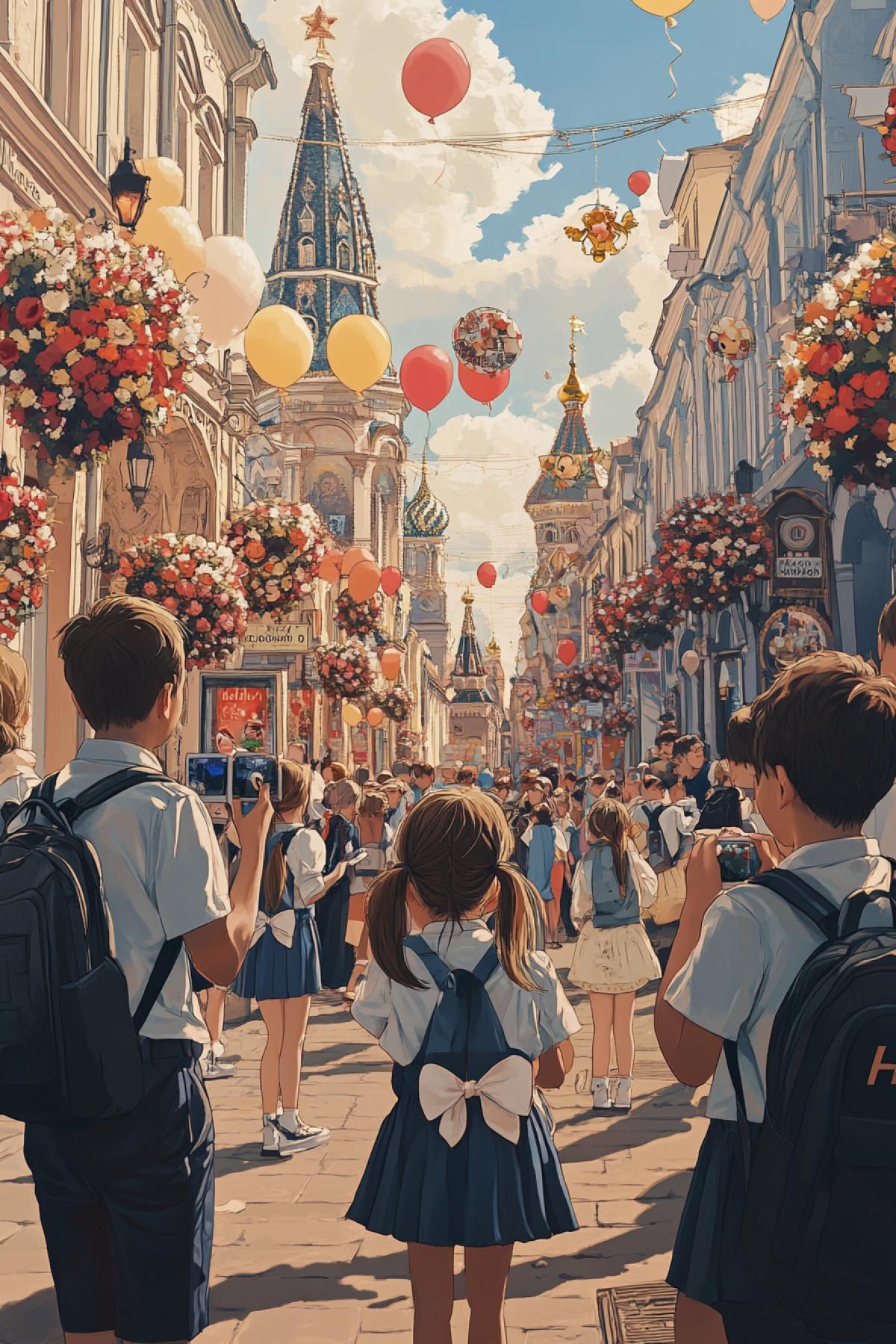 🟥 Street of an ancient Russian city, early September morning. In the center are children in school uniforms, joyfully greeting each other after the summer holidays. Girls have pigtails with white bows, boys have school backpacks. In the background are historical buildings decorated with flowers and balloons, and the front gate with the inscription in Russian \"Hello, school!\" Parents take pictures of their children with old film cameras. The atmosphere of celebration and joy from the beginning of the new school year.