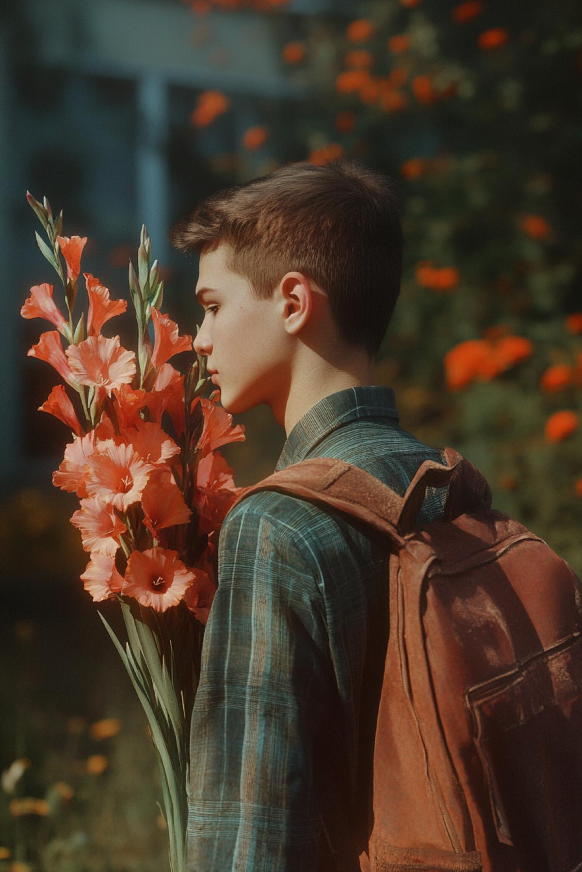 Back to School, flickering, realistic image, schoolboy in profile with a bouquet of gladioli, backpack on his back, near the school of the Soviet period of the USSR, photoshop, psychedelics, autumn colors, philosophy, knowledge, psychedelics