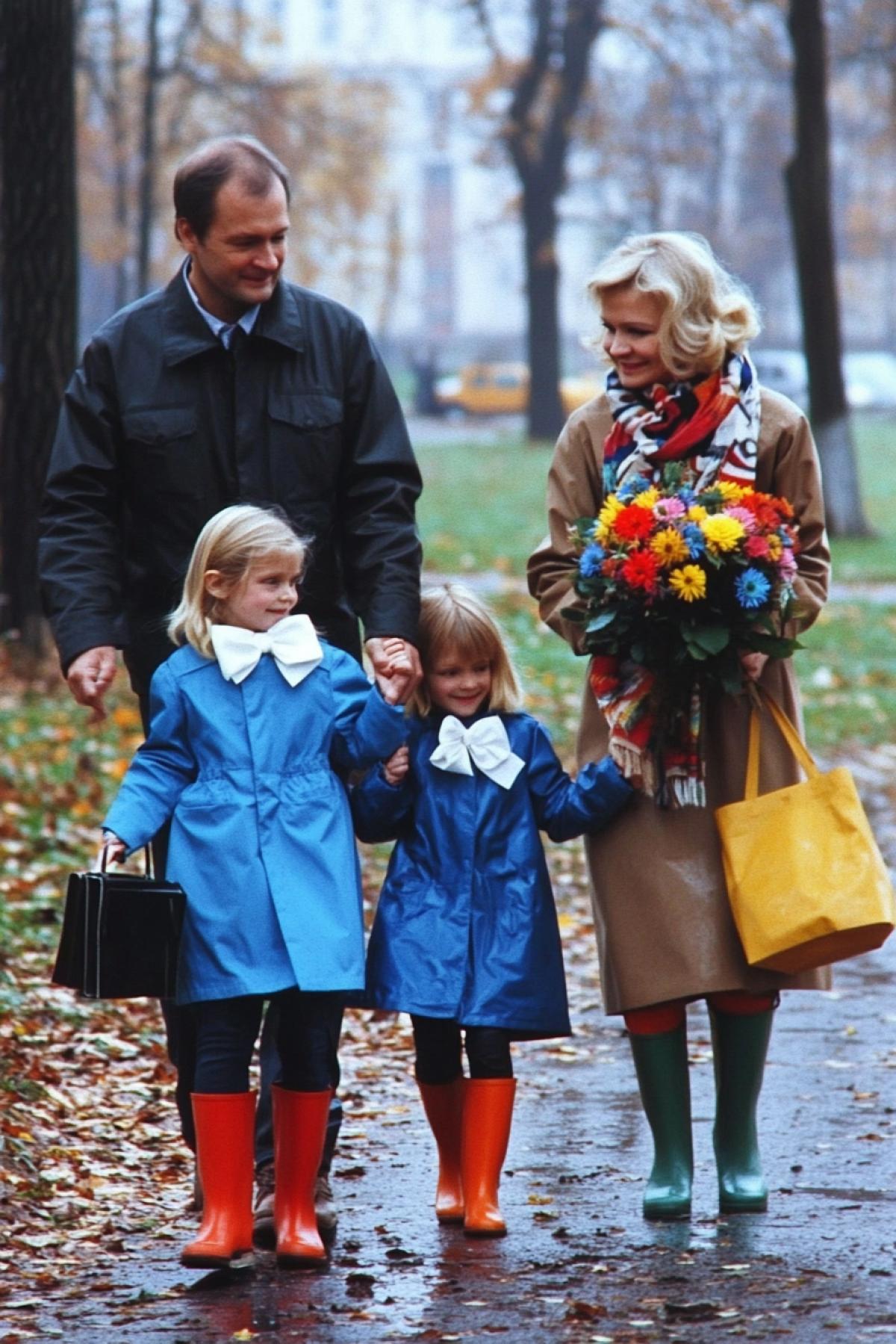 And again to school, a family is walking in an autumn park, a father in a dark jacket, dark jeans holds the hands of his daughters in autumn coats, bright rubber boots, large white bows, blond hair, the girls have briefcases in their hands, followed by their mother in a colorful a fashionable scarf, a raincoat, brown velor trousers, in the hands of two bouquets with multi-colored autumn asters, the bouquets are slightly wrapped in newspaper
