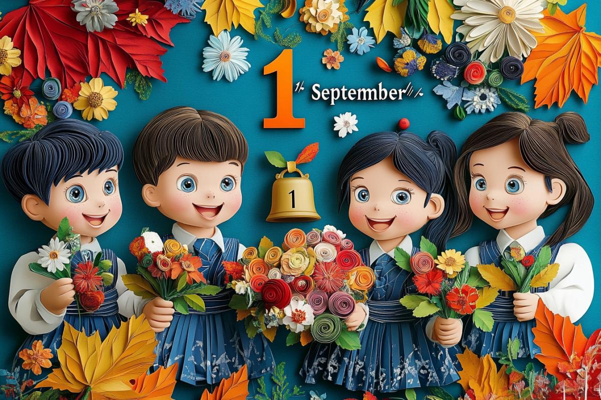 A group of several people: boys and girls in school uniforms, in the quilling style, holding flowers, autumn leaves and flowers around, rowan berries, a bell in the center at the top, the number \"1\" on the bell, the inscription \"September\"
