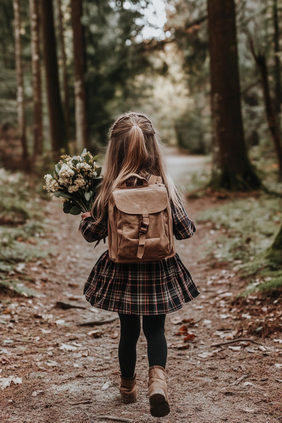 Fall. Early morning. A girl with a backpack and a bouquet goes to school for the first time. View from the back.