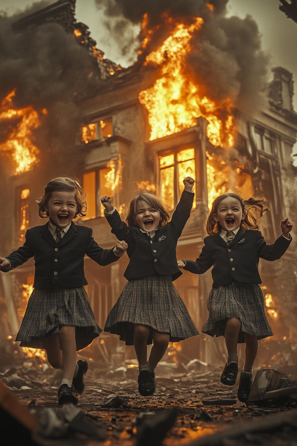 Children in school uniform set the school building on fire, dancing, laughing and having fun, photorealism, epic