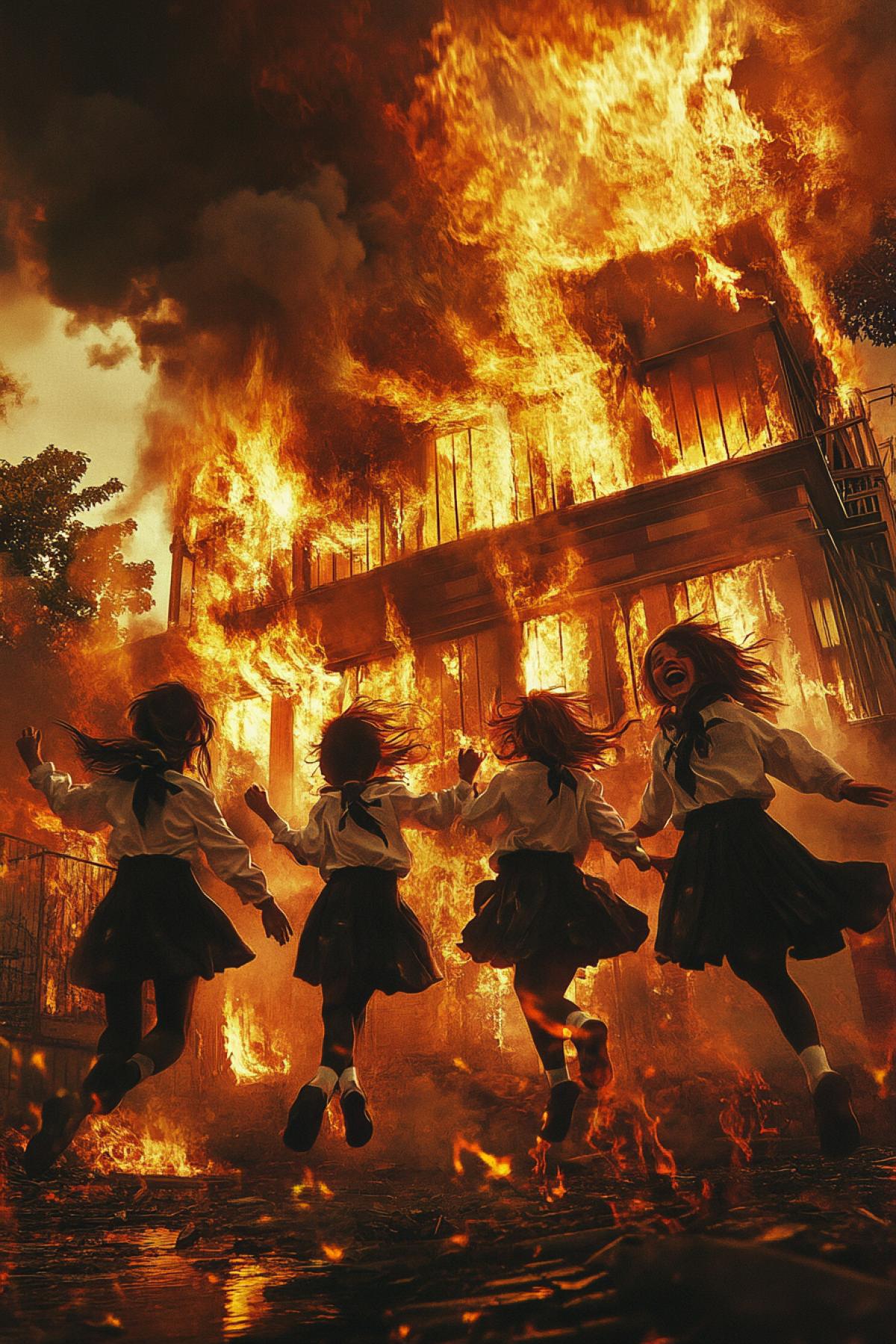 Children in school uniform set the school building on fire, dancing, laughing and having fun, photorealism, epic