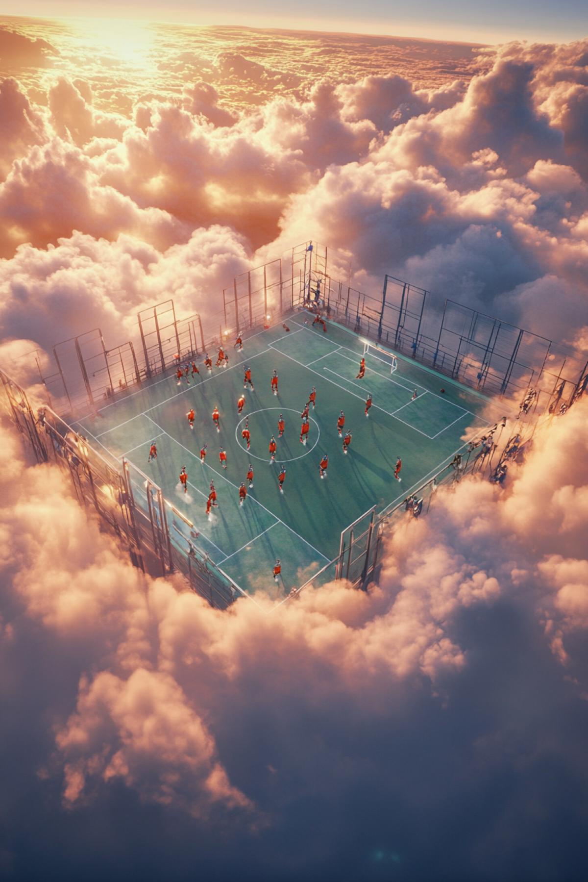 A football field floating high in the clouds, surrounded by dense fluffy clouds illuminated by the soft light of the sunset. Players in colorful sports uniforms run across the field, which is supported by transparent glass platforms through which the earths surface below can be seen. The gates are fixed to the edges of the platform, with clouds flowing through them. A light wind raises cloudy dust around. The atmosphere of freedom and flight.