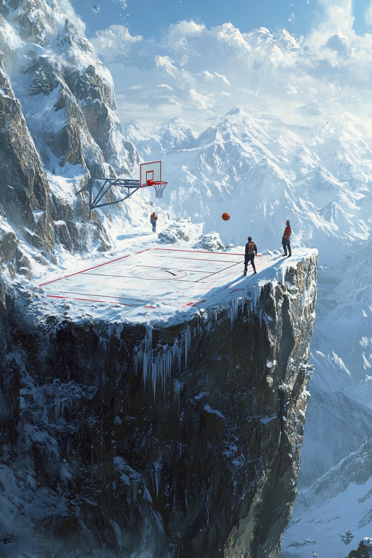 A basketball court built into a snowy mountainside, on the edge of a cliff. Players in winter clothes throw a ball into a hoop fixed on a steep cliff. Bright sunlight shines through the snow-white peaks, creating a contrast with the blue sky and white clouds. The ball rolls towards the edge, and a deep canyon is visible below. An atmosphere of risk and extreme sports.