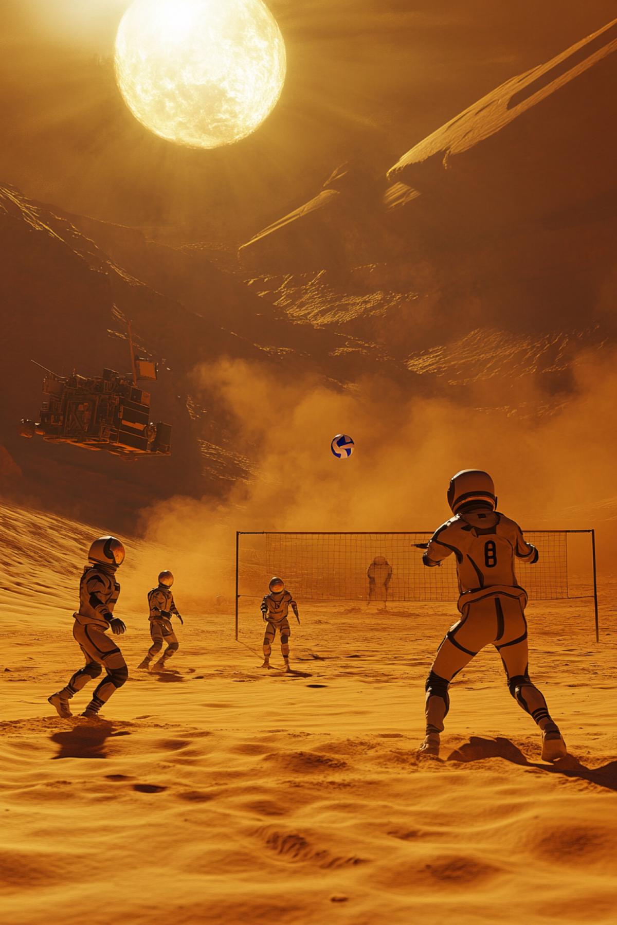 A volleyball court on the surface of Mars, surrounded by dust dunes and red sand. Players wearing spacesuits and special helmets jump and hit a ball that rises slightly in the slow Martian gravity. In the background are the Mars rover and research modules. The sun on the horizon illuminates the dust swirls rising into the air. An atmosphere of exploration and adventure.