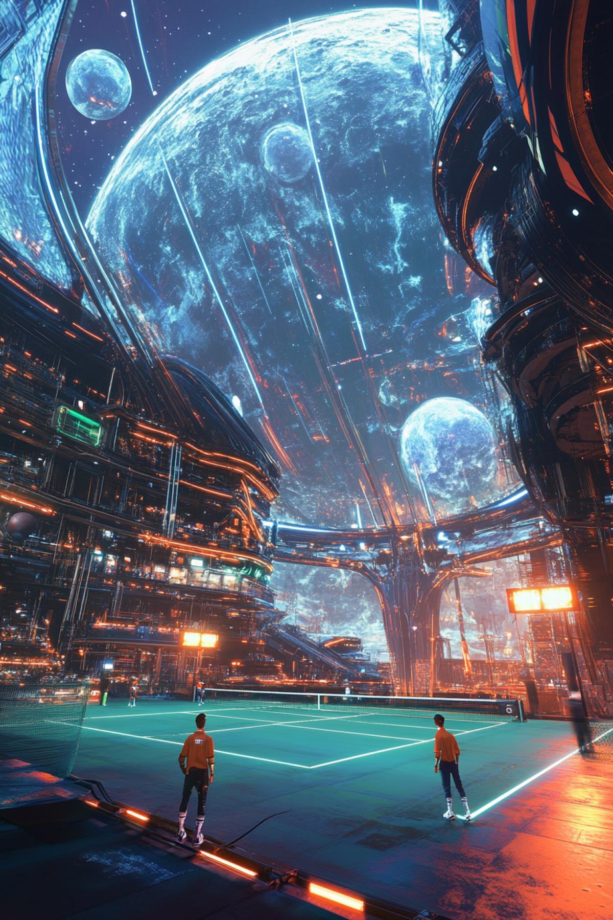 A tennis court inside a huge, dome on a space station suspended in airless space. Stars and planets in space are visible through the transparent walls of the dome. Players in futuristic uniforms with gravity boots bounce balls that glow neon colors. The court lines are illuminated with laser lines, creating the illusion of movement and energy.