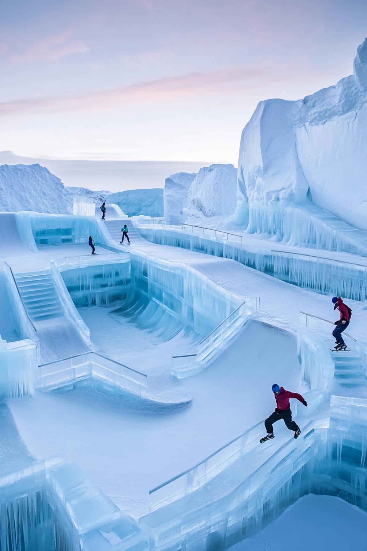 Skatepark on an ice platform in Antarctica, surrounded by icebergs and ice blocks. The ramps and railings are natural ice formations covered with a layer of transparent ice. Skaters in bright winter suits slide and jump, leaving icy dust in their wake. There are northern lights in the sky, reflected in the smooth icy surface. The atmosphere of cold adrenaline and the beauty of winter nature.