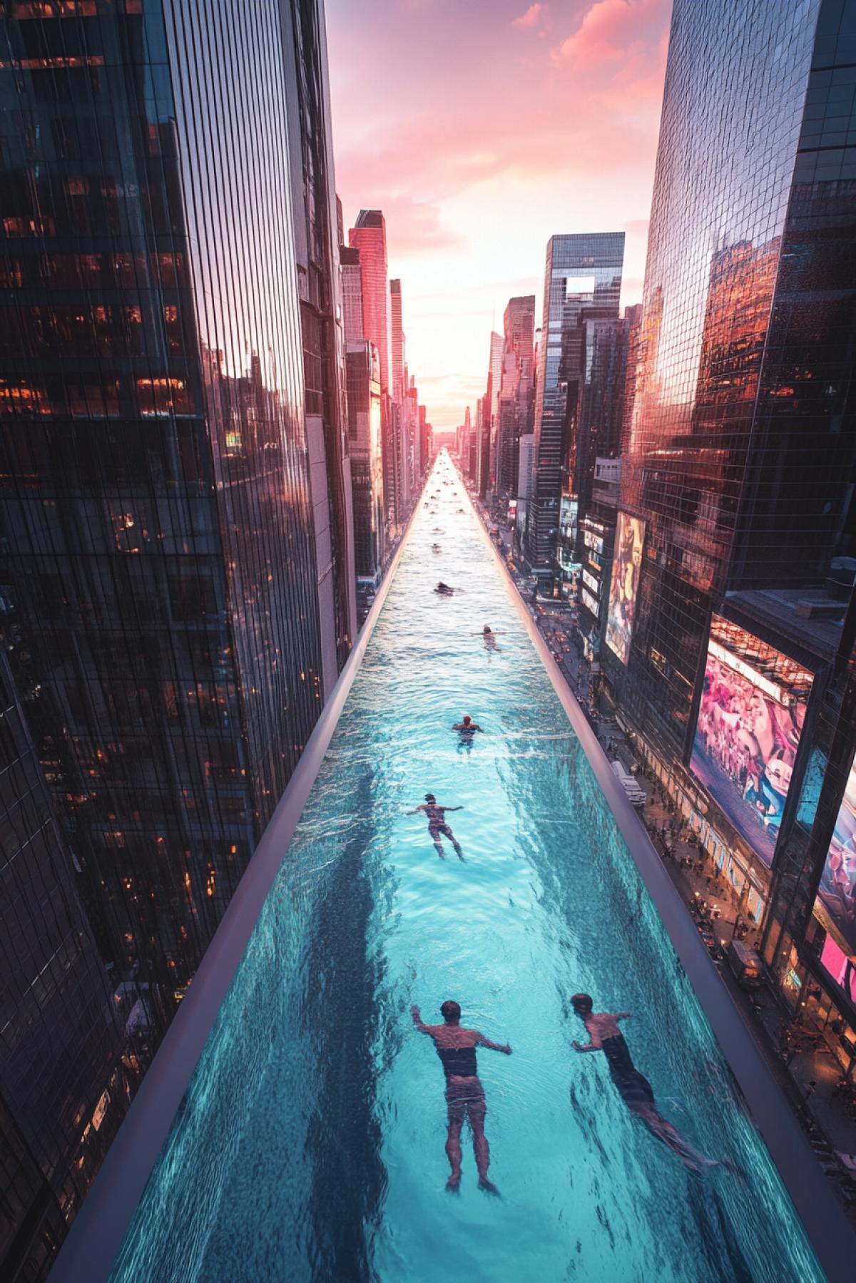 A swimming path stretched between two skyscrapers in a metropolis, high above the city streets. Swimmers in wetsuits swim through clear water, through which vehicles and people can be seen moving below. Nearby are observation decks and high-tech advertising panels. The water reflects the city lights and sunset sky. The atmosphere of exciting urban adventure and heights.