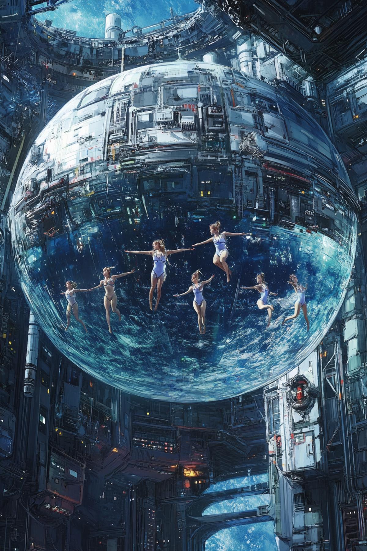 Distant future. A big space station. In the center of a spacious space gym, a water sphere the size of an Olympic swimming pool floats in zero gravity. On the surface of this water sphere, girls in s are practicing synchronized swimming.