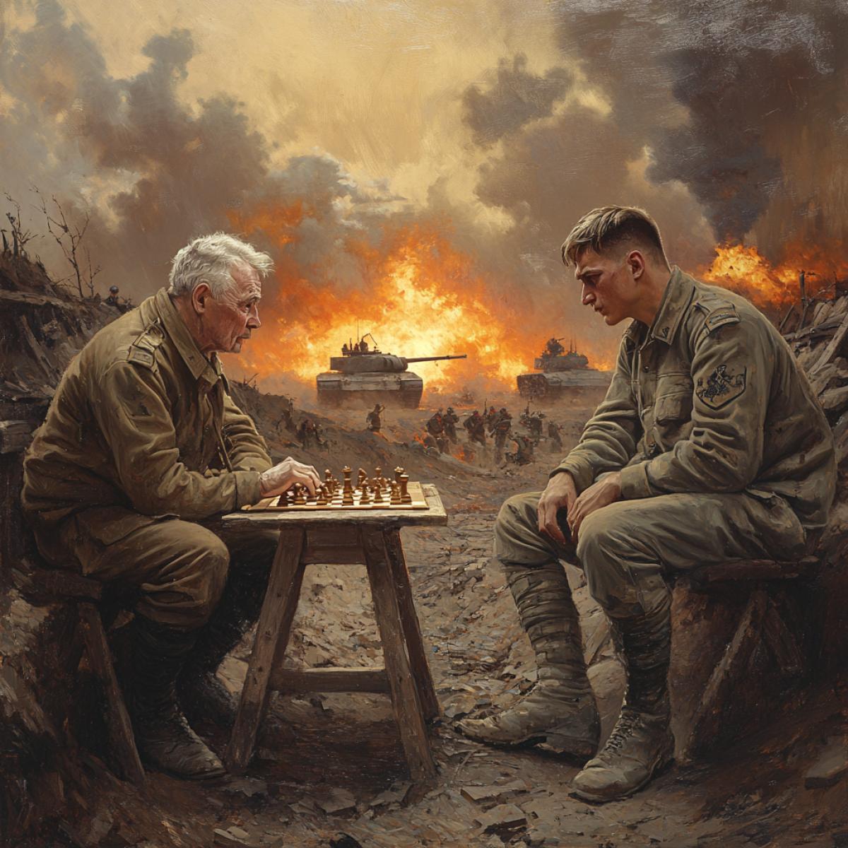 War. Explosions. Bullets are flying. Tanks are burning. In the foreground, two soldiers are depicted sitting in a trench. They are intently playing chess. One elderly private eagerly watches the chessboard, while the other young officer looks disheveled.