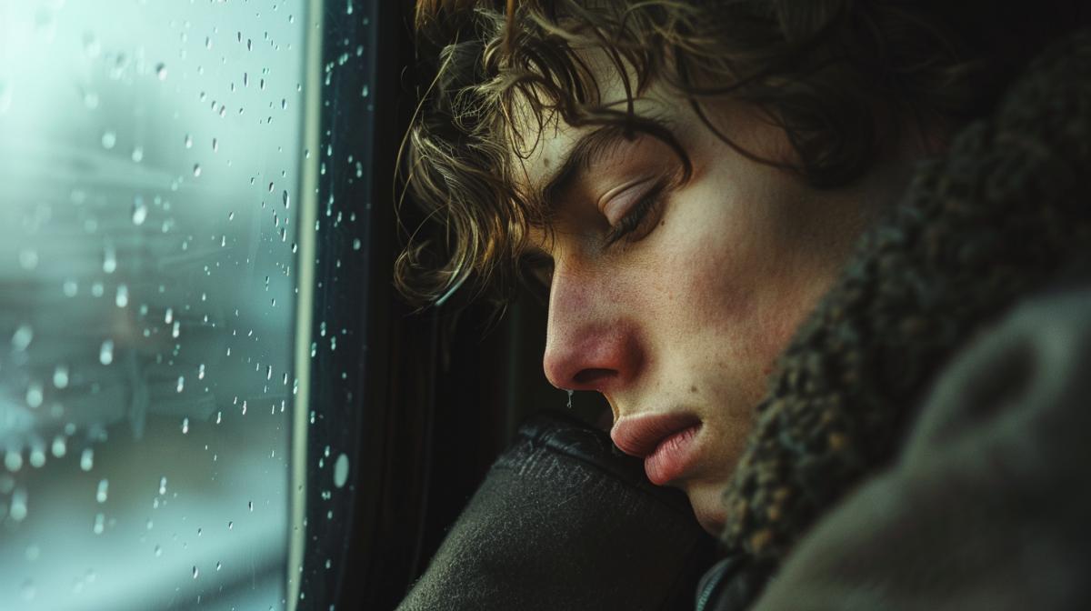 A young man looks sadly out the train window