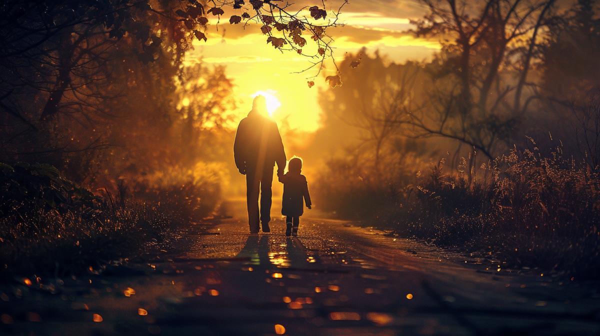 A girl and a boy, holding hands, see off their father on the road, dawn, contour lighting, Russian nature, maximum details