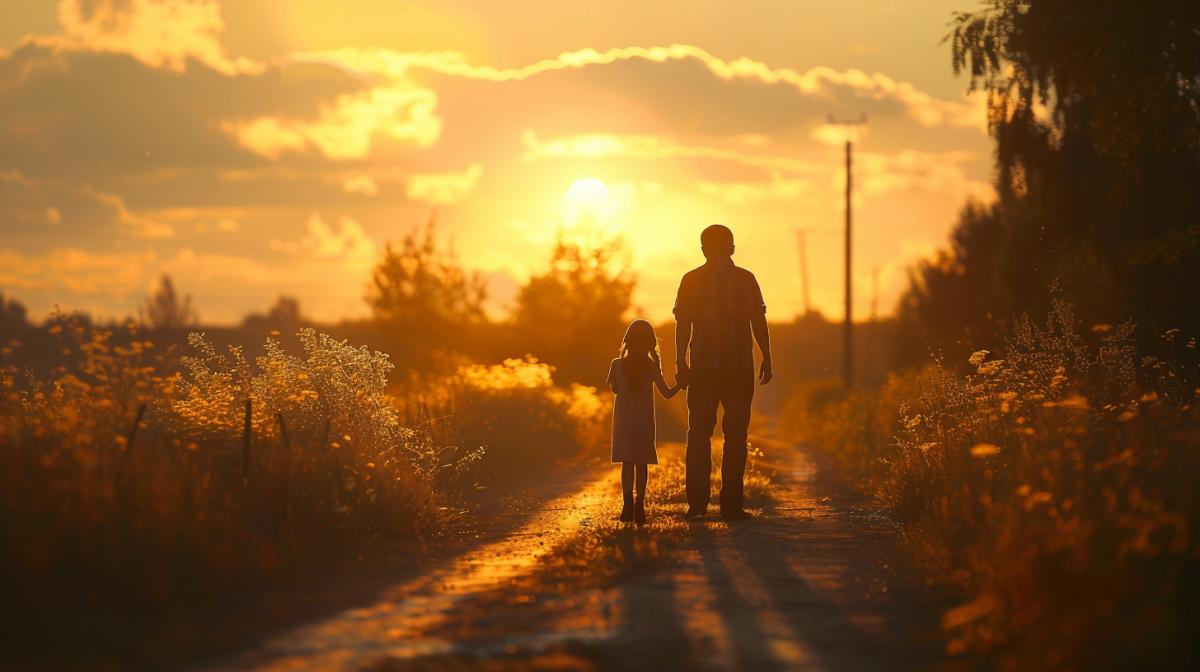 A girl and a boy, holding hands, see off their father on the road, dawn, contour lighting, Russian nature, maximum details