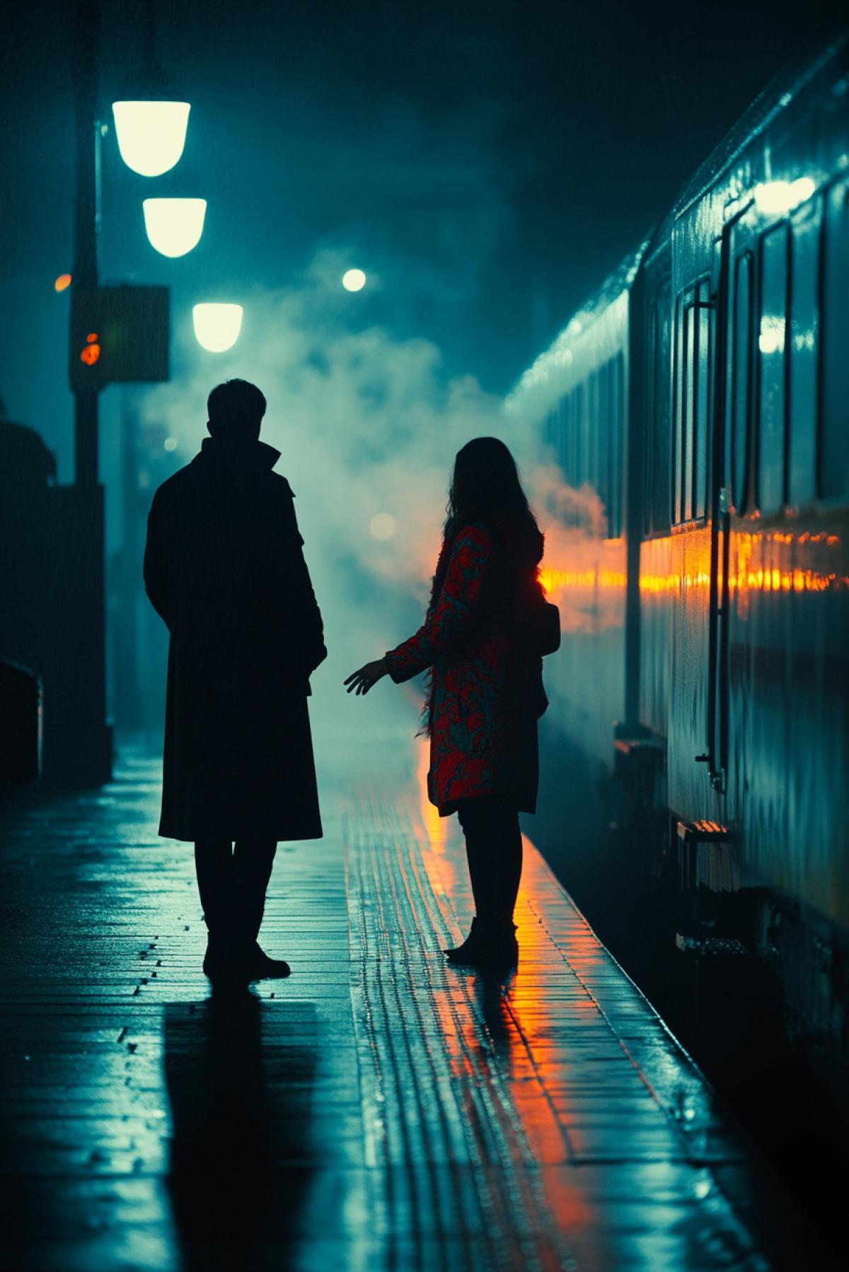 Rainy evening at the station. Two figures stand on the platform a man in a long coat and a woman in a bright scarf. There is an outstretched hand between them, their fingers about to open. The train, in smoke and bright headlights, goes into the distance, blurring their silhouettes in the raindrops. An atmosphere of melancholy and silent farewell.