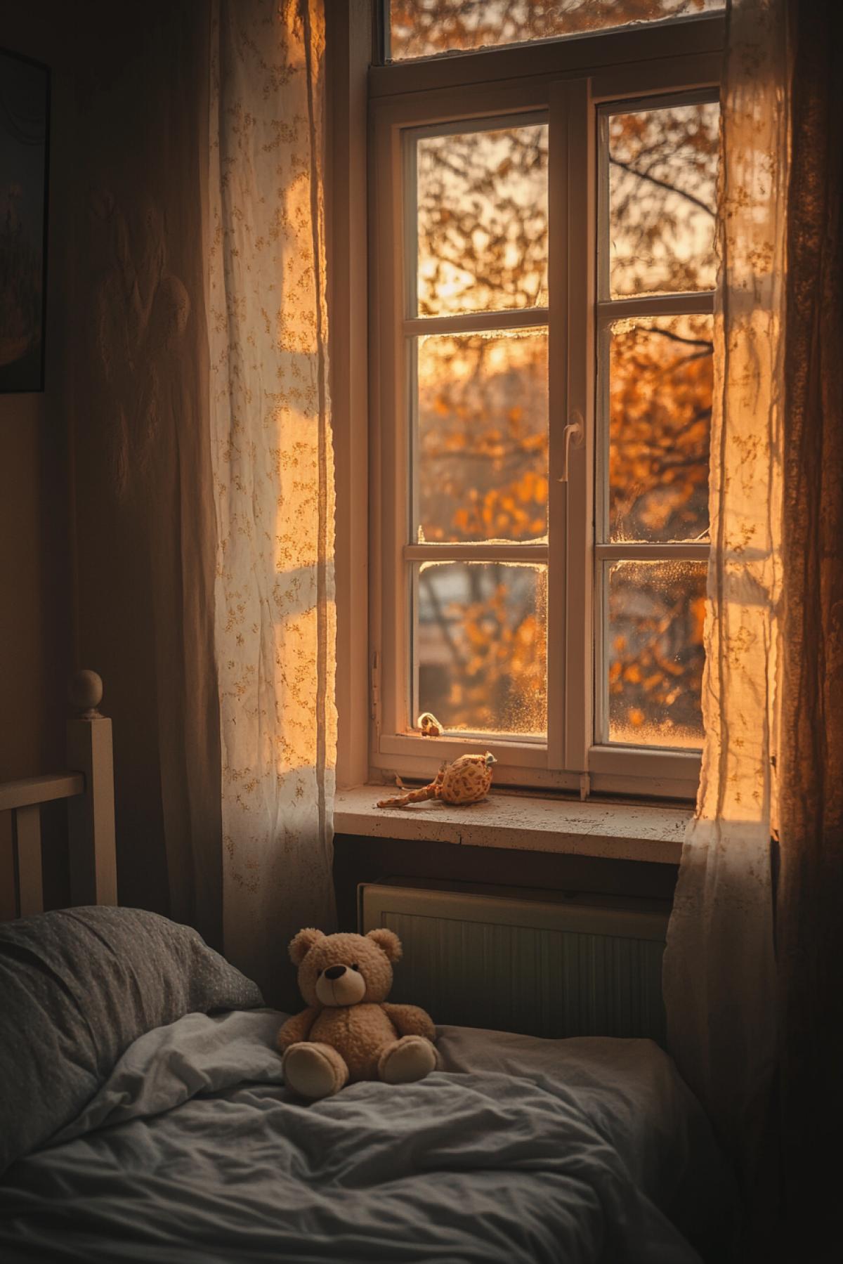 An empty childrens room, where everything remains in its place, except for the bed, on which lies a lonely teddy bear. The window is slightly open, a light wind sways the curtains, creating a feeling of slight coolness. Through the glass you can see the autumn sunset, which colors everything in warm but sad shades. An atmosphere of silence and loss.