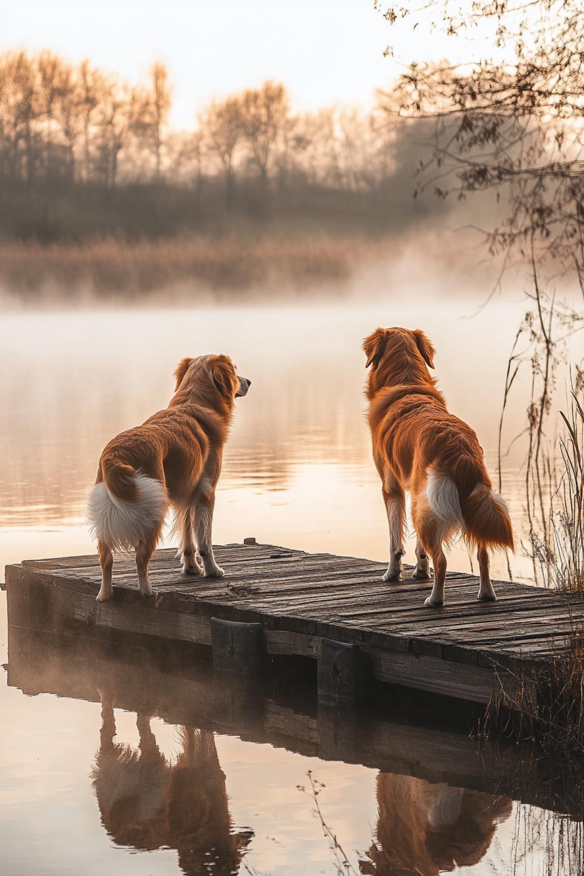 Two dogs are standing on the shore of a lake, one on an old wooden pier, the other on the shore. Their gazes are fixed on each other, but the water between them separates them. One of them is ready to jump, the other looks with slight sadness. A quiet mist spreads across the lake, reflecting the golden light of the rising sun. An atmosphere of devotion and unspoken sadness.